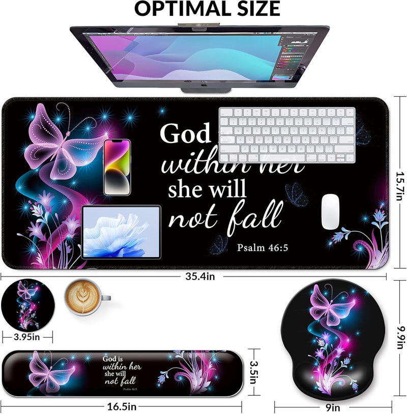 VINEBURY Desk Mat Set + Keyboard and Mouse Pad with Wrist Rest Support,4-in-1 Large Mousepad Computer Mats for Desktop Home & Office-Purple Butterflies - Image 3